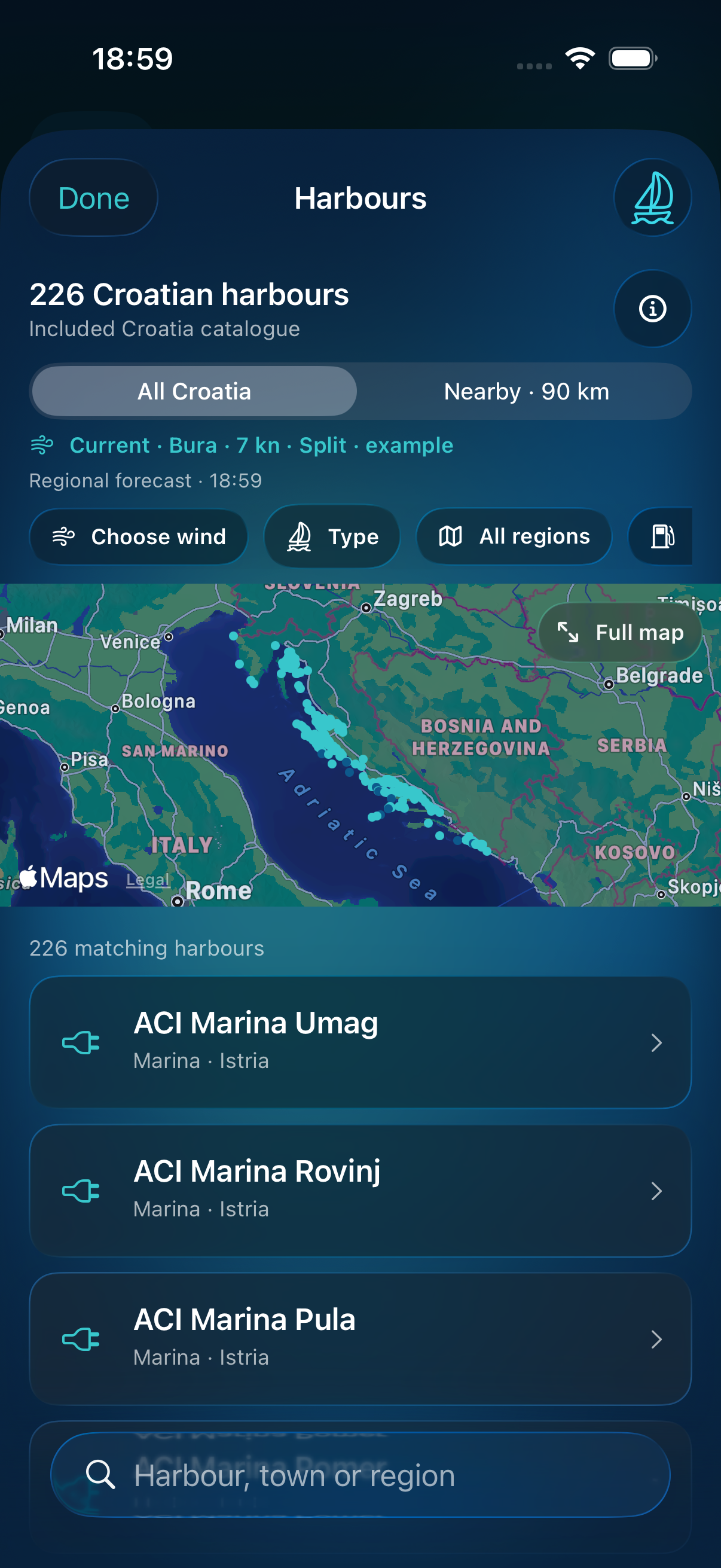 Desta harbour catalogue with its Adriatic map and cyan glass controls