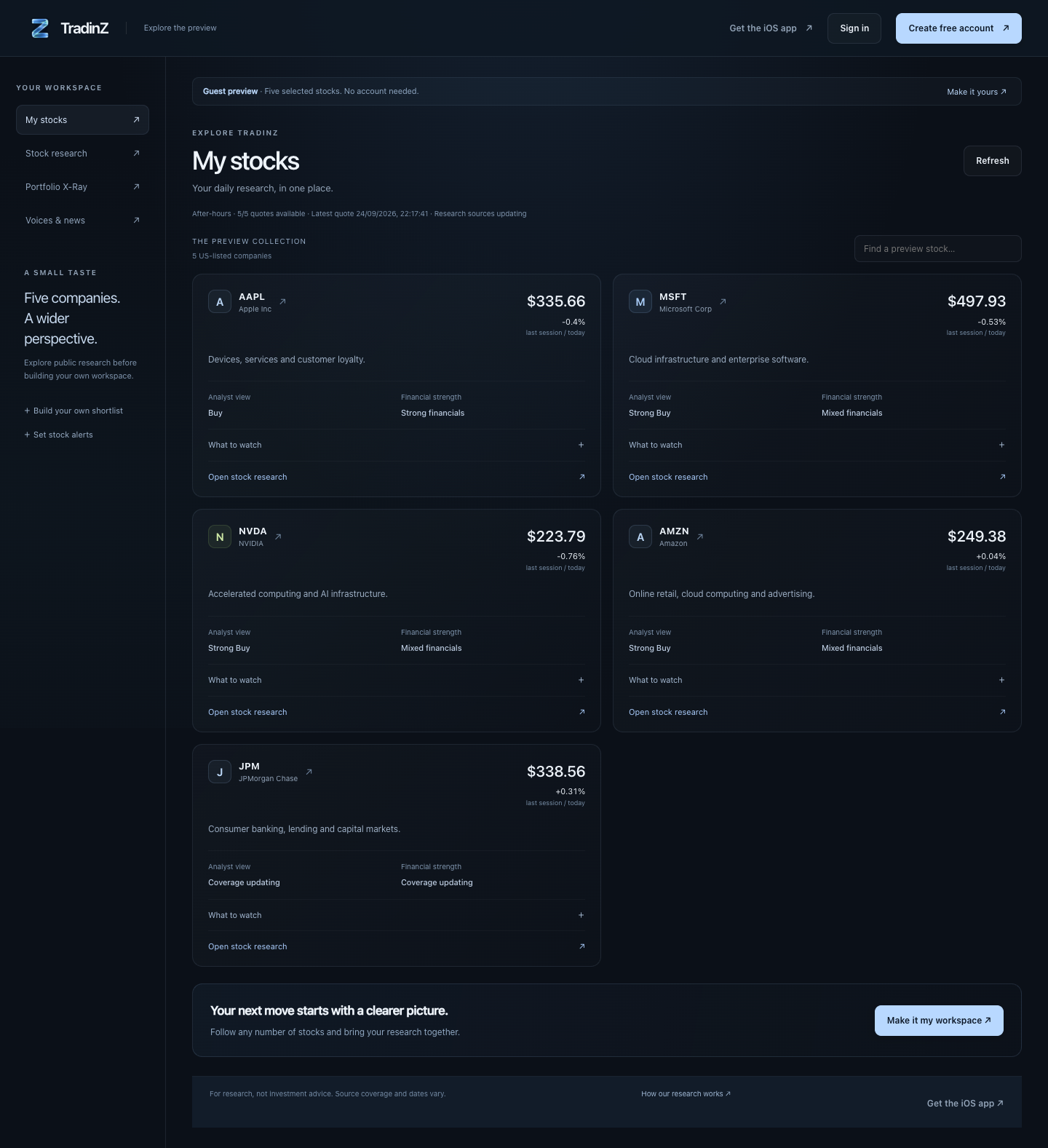 TradinZ web app in guest preview, showing the My stocks research workspace