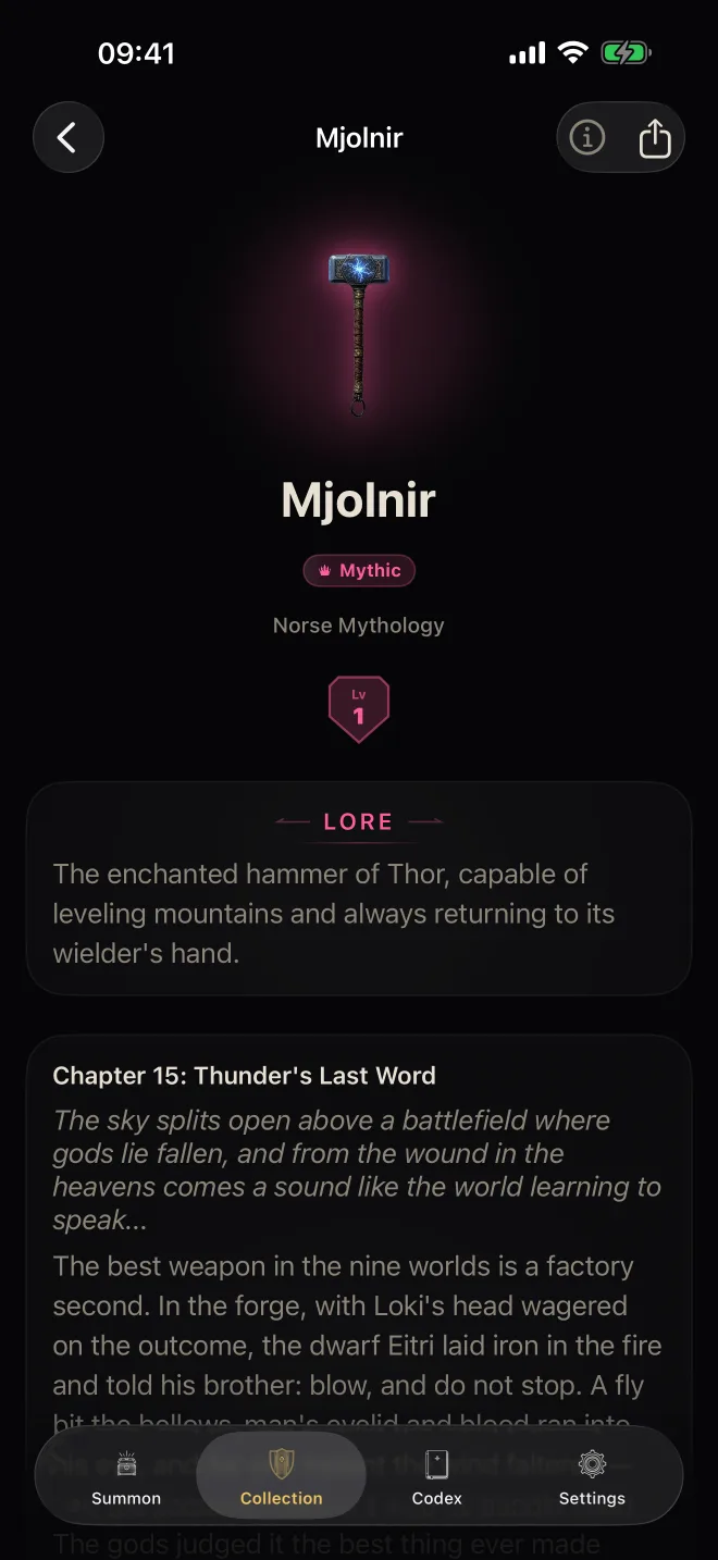 Vault of Aeon artifact page for Mjolnir with its lore