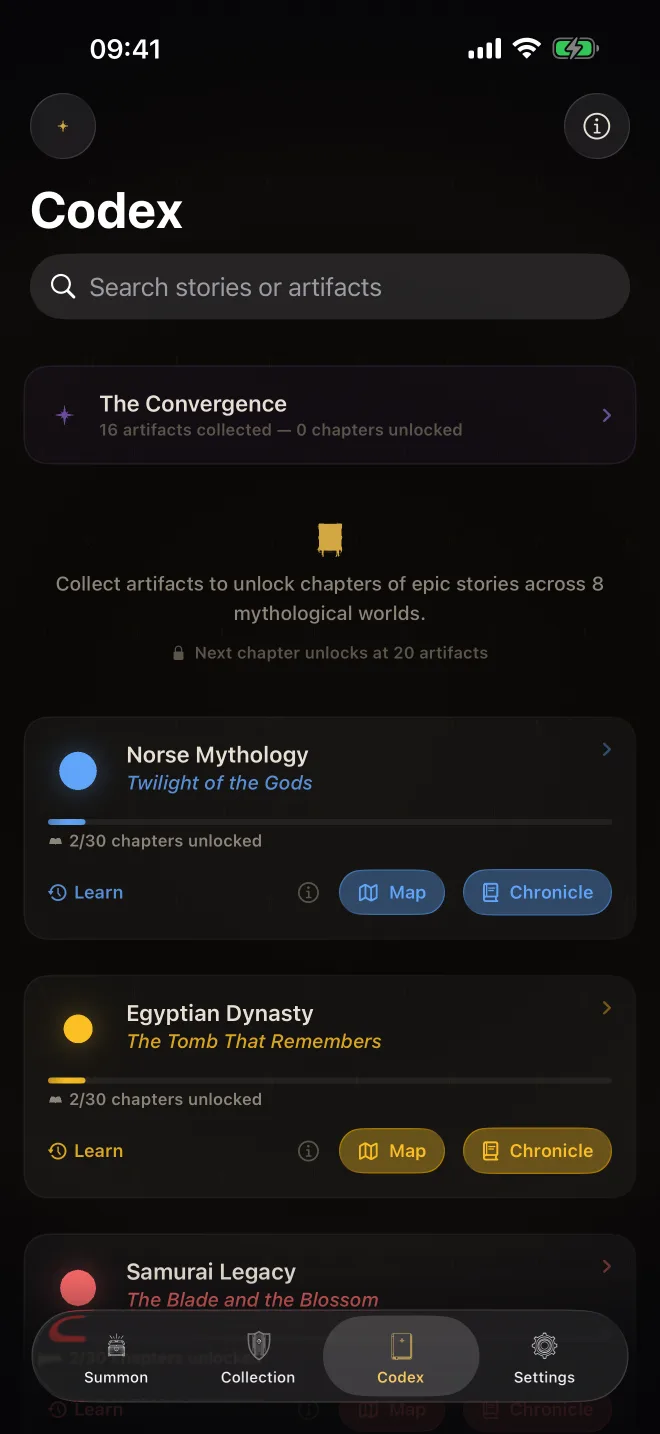 Actual Vault of Aeon app: Codex screen listing mythologies with chapter progress, maps and chronicles.