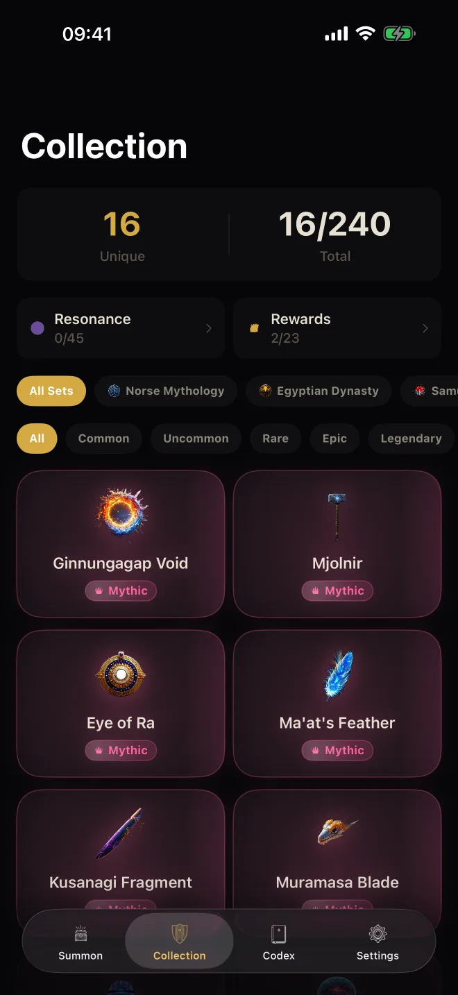 Actual Vault of Aeon app: Collection screen with artifact cards filtered by realm and rarity.