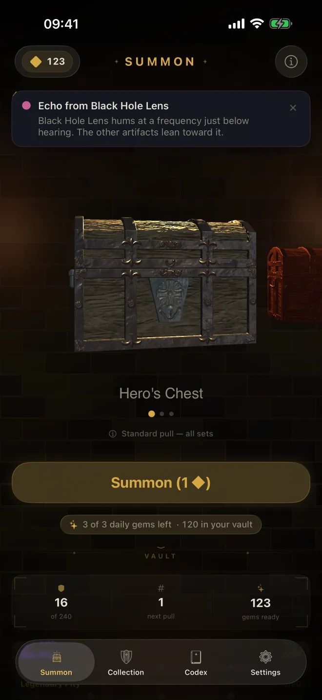 Vault of Aeon Summon screen with a 3D treasure chest and gem balance